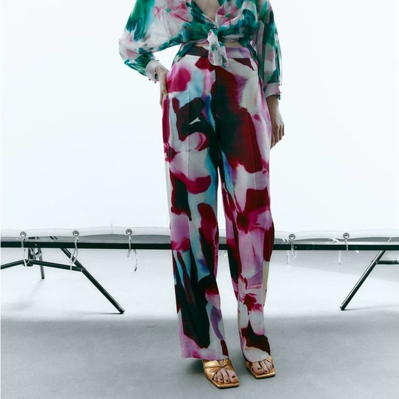 ZARA Satin Floral Print Palazzo Pant Trousers - Picture 14 of 16